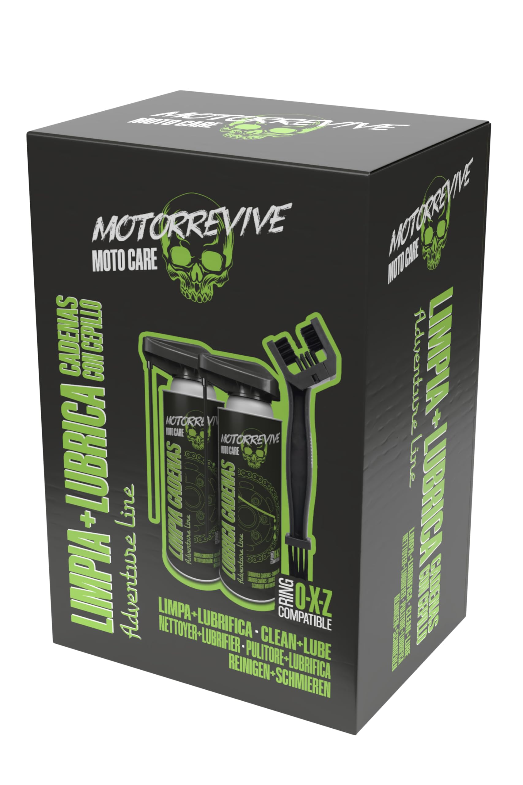 Pack Adventure Line con Limpiador, Lubricante y Cepillo para Cadenas de Moto Off-Road 380 + 380 ml | Mantenimiento Completo para Motocross, Enduro y Rutas Todo Terreno