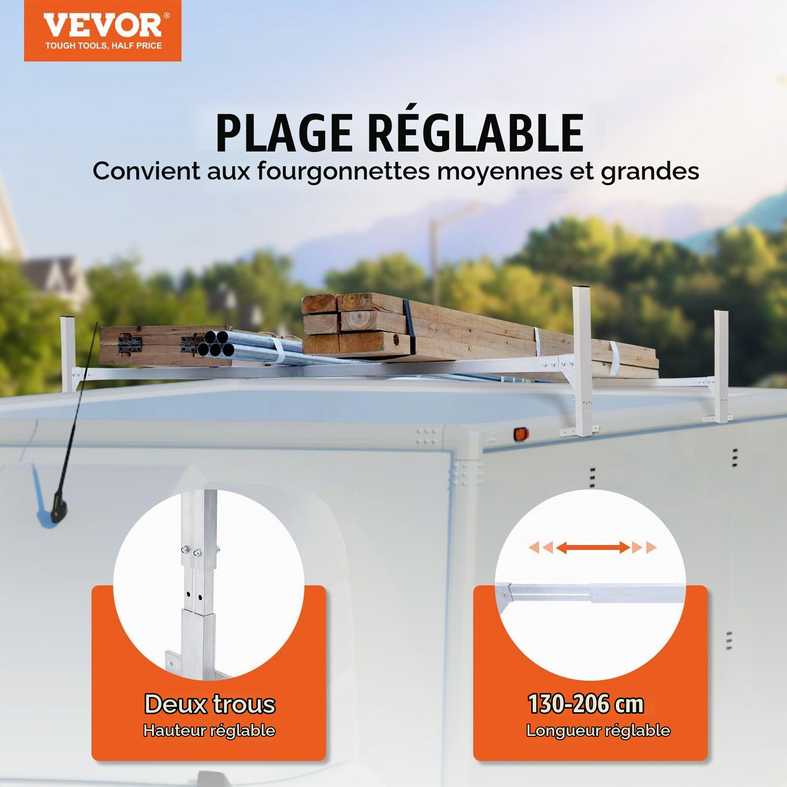 VEVOR Porte-Échelles de Toit pour Camionnette, Porte-Bagages en Alliage d'Aluminium 2 Barres, Barre de Toit Capacité de Charge 181 kg, Réglables 130-206 cm, Galerie de Toit pour Fourgonnettes, Voyage
