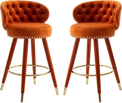 QQU Juego de 2 taburetes de bar, modernas sillas de bar ajustables de terciopelo con respaldo, patas de madera maciza, taburetes de bar tapizados y