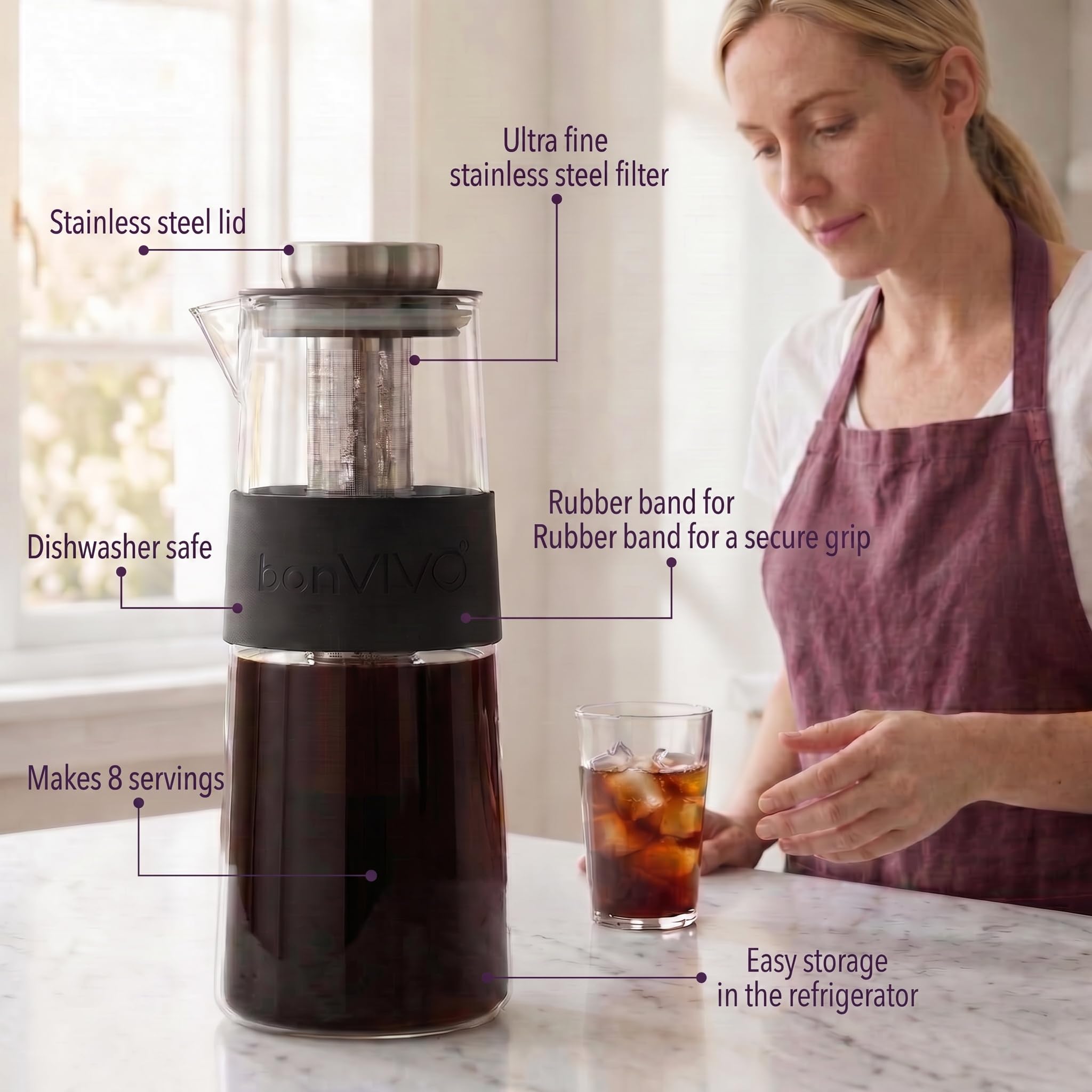 bonVIVOCold Zaparzacz do kawy ze szklaną karafką borokrzemową i filtrami z stali nierdzewnej, butelka do kawy mrożonej, Cold Brew – 1 l (4 filiżanki)