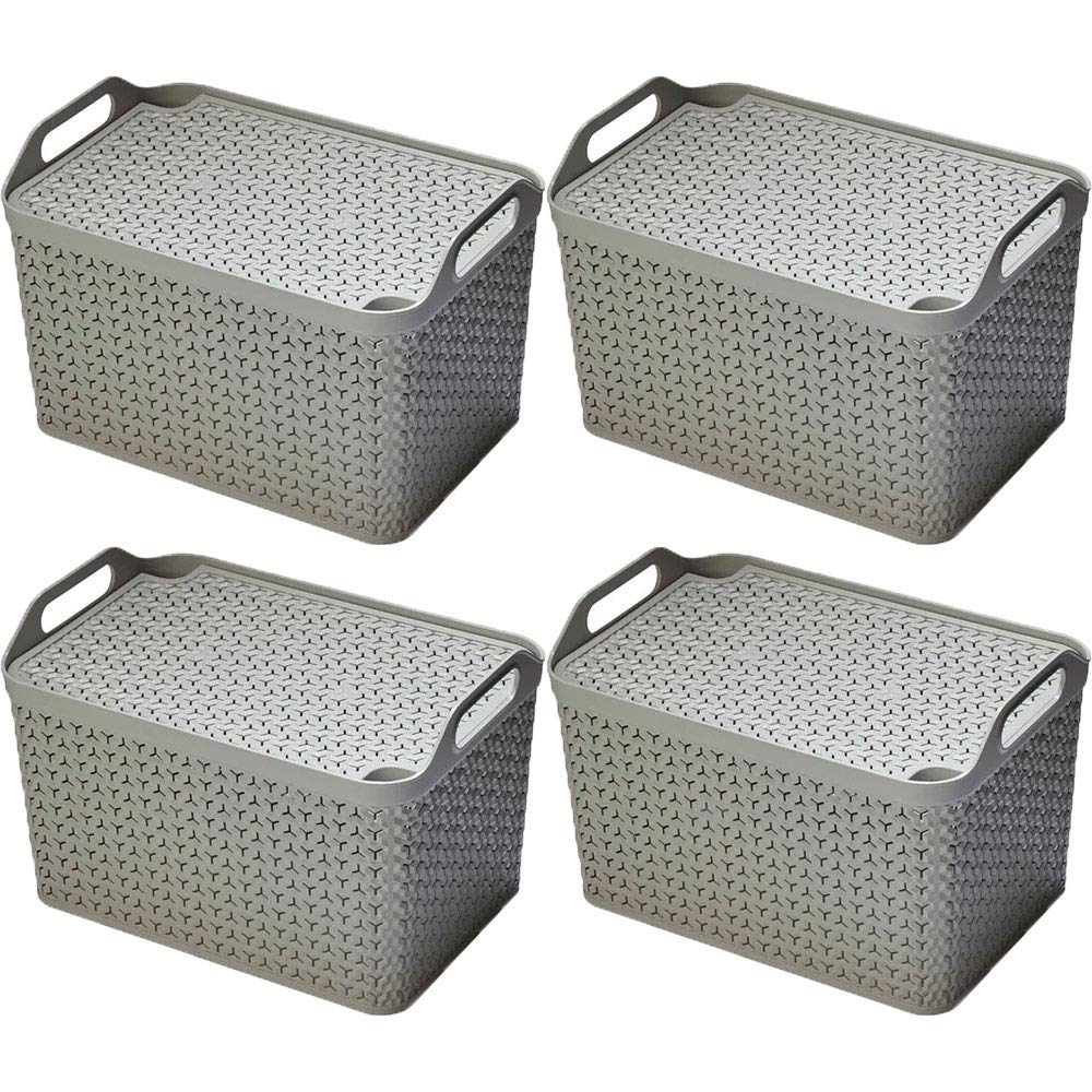 Strata Home & Kitchen Grey Recycled Large Handy Basket With Lid (4 Pack)