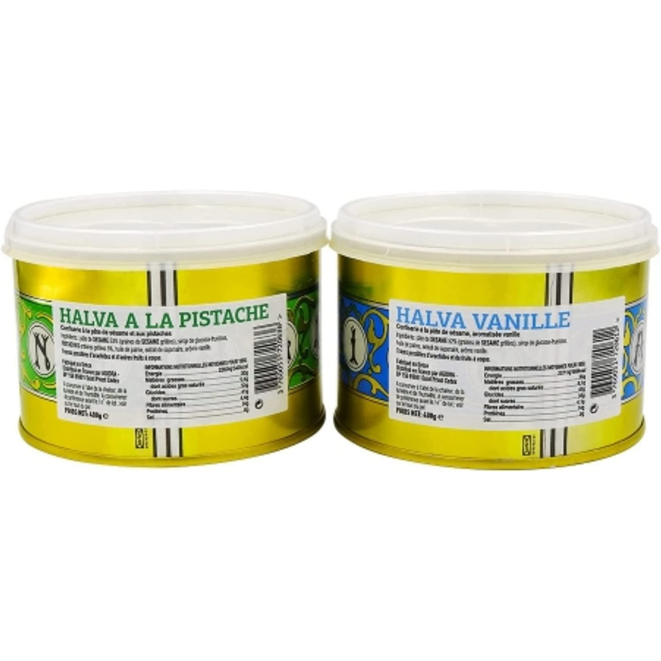 HALVA400-Halva Con Gota De Pistacho O Vainilla (Lote De 2 cajas) Muy apreciado por todo el mundo rico en nutrientes, proteínas y calcio, un excelente postre para grandes y pequeños.