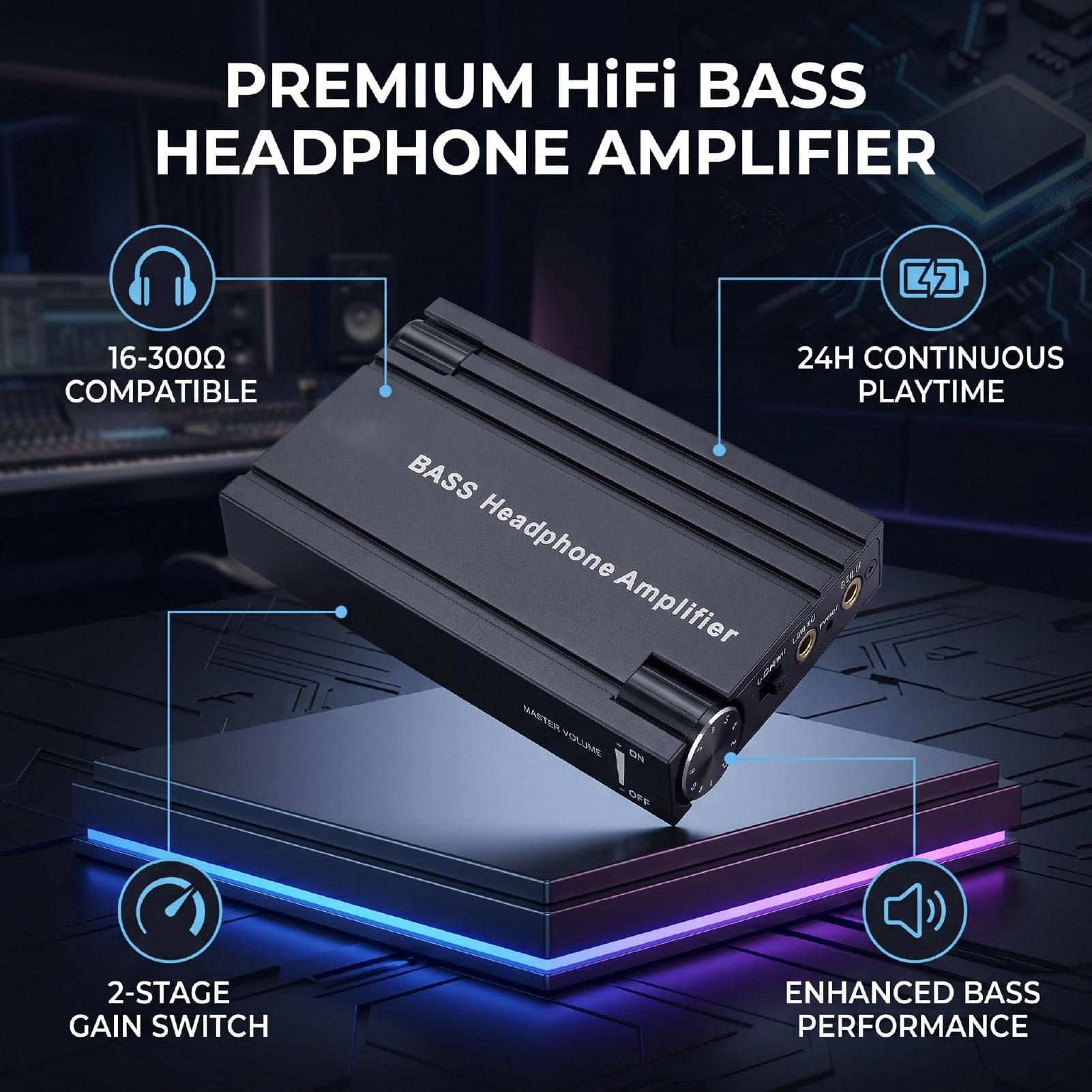 Fabater Amplificatore per Cuffie, Amplificatore HiFi Portatile in Alluminio da 16-300 Ohm, Jack da 3,5Mm USB Ricaricabile, Interruttori GAIN a Due Stadi, Controllo Potenziamento Bassi