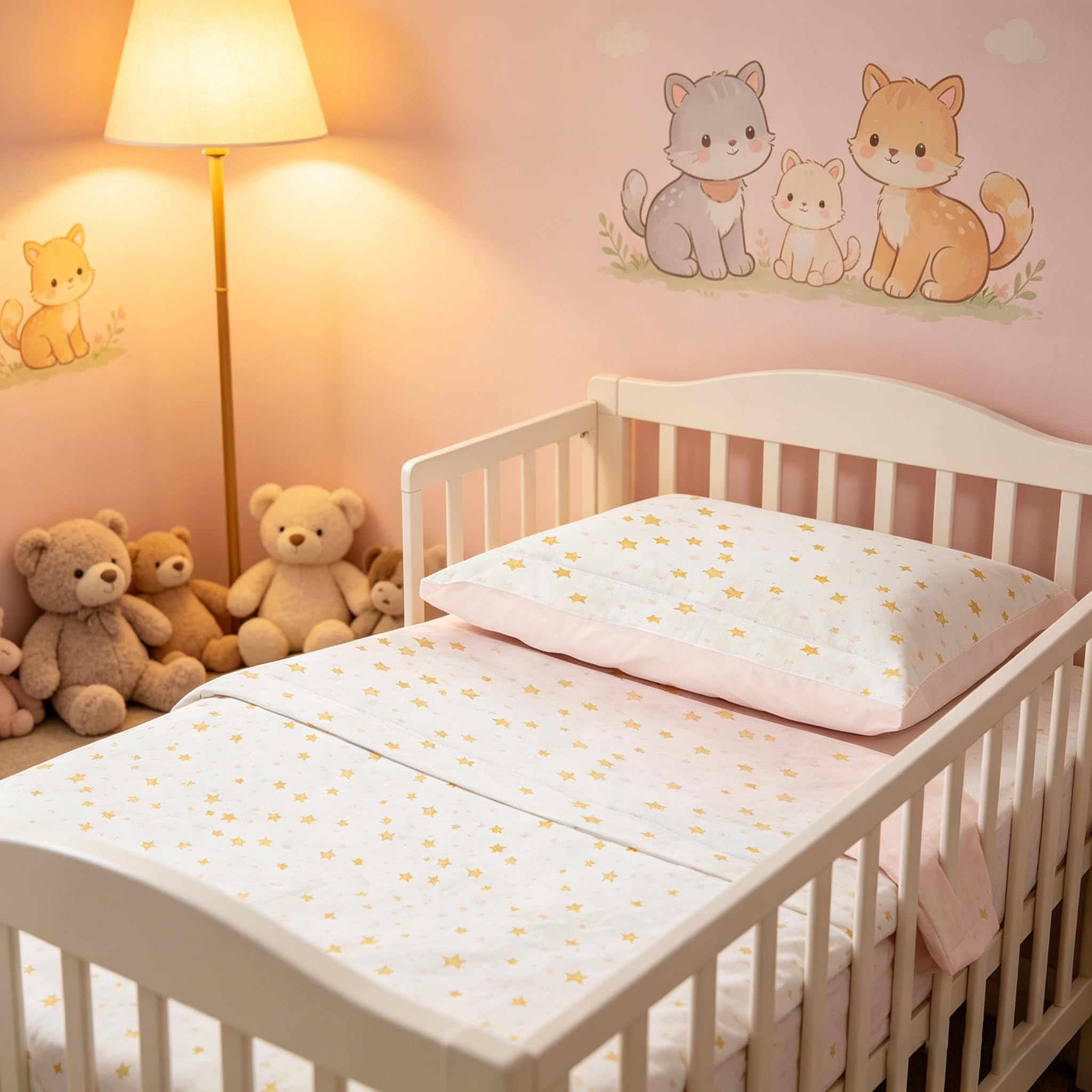 various Set Lenzuola Lettino Neonato 60x120 cm, 100% Cotone Extra Morbido, Include Lenzuolo con Angoli, Lenzuolo Sopra e Federa, Biancheria Letto Bambino Traspirante Motivo Stelle Beige