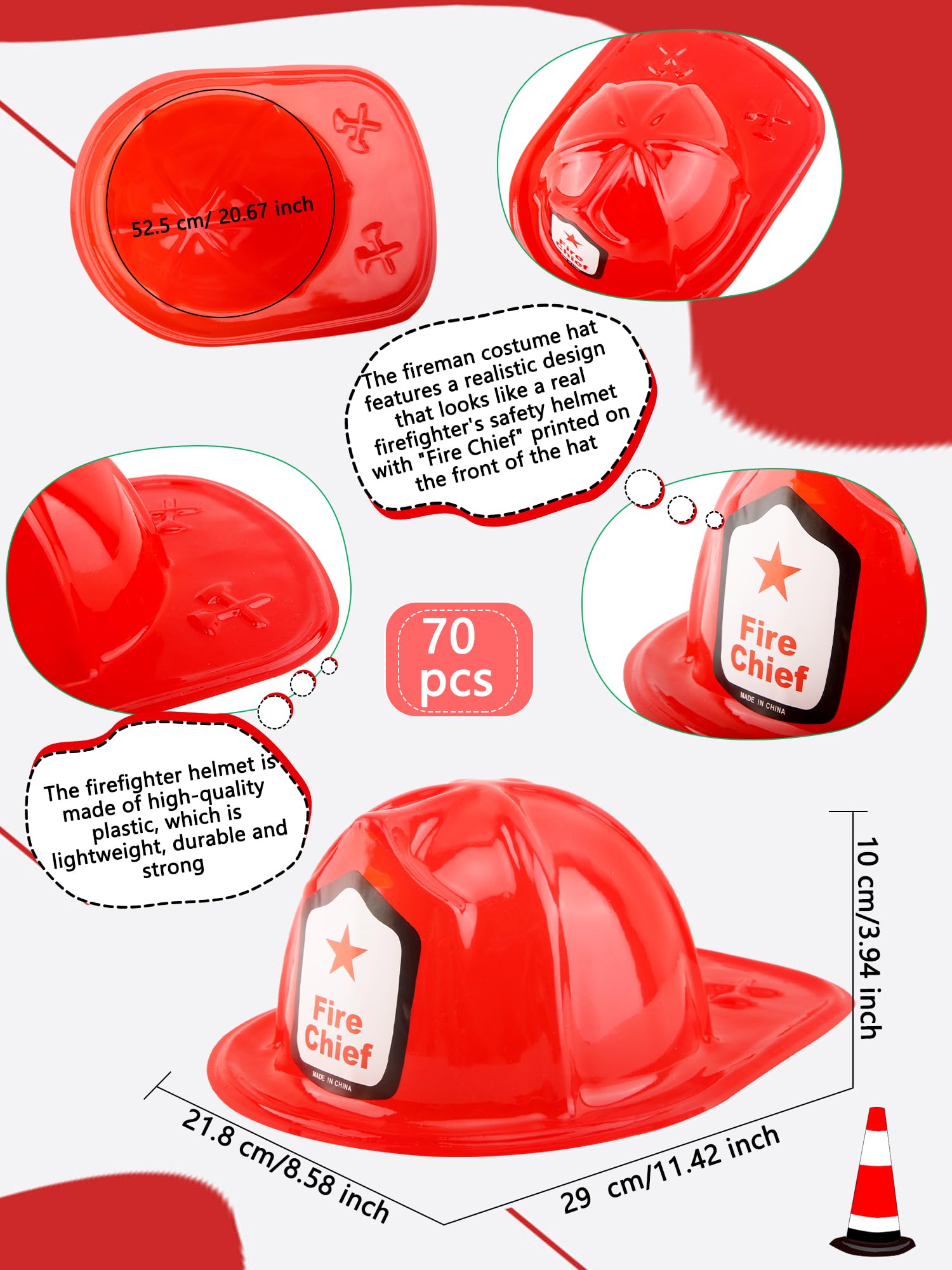 Paquete de 70 sombreros de bombero de plástico rojo a granel para cumpleaños, Halloween, cosplay, fiesta, accesorio de vestir