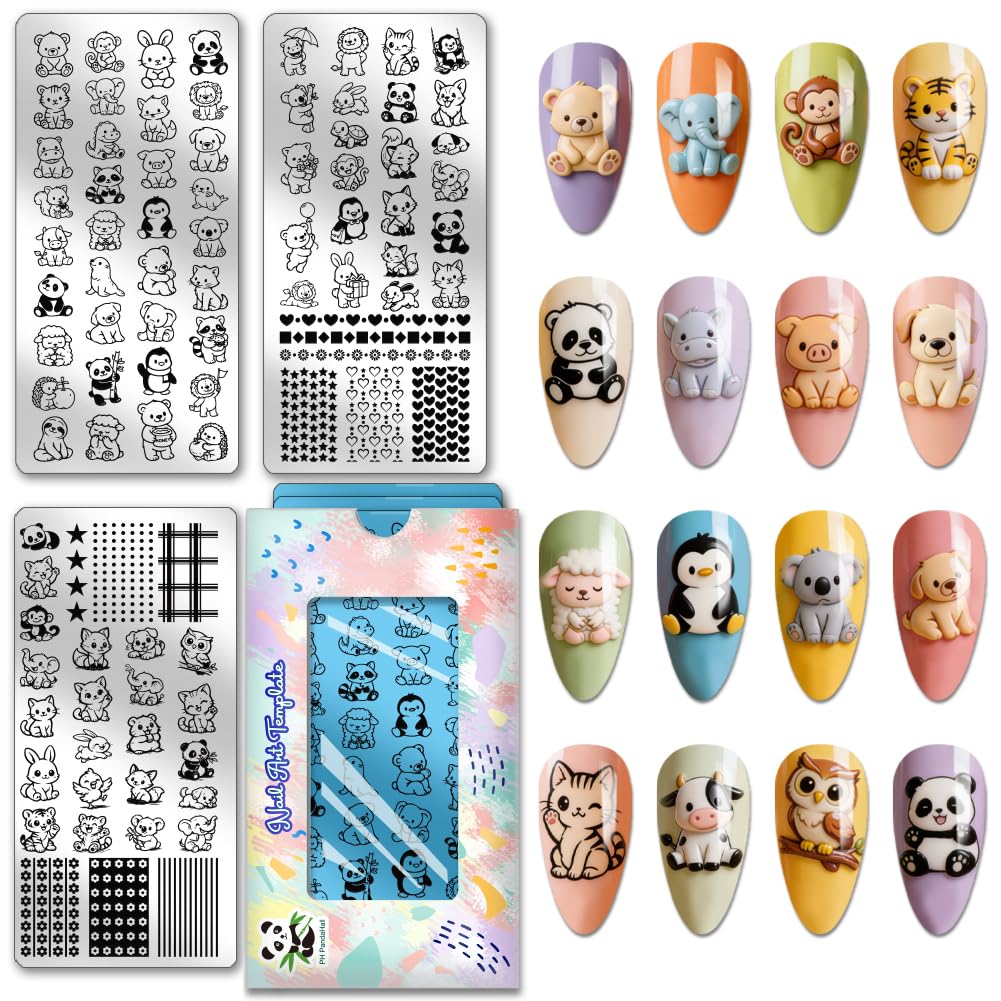 PH PandaHall 3 placas de estampado de uñas animales lindos oso mono panda pingüino gato plantillas acero inoxidable