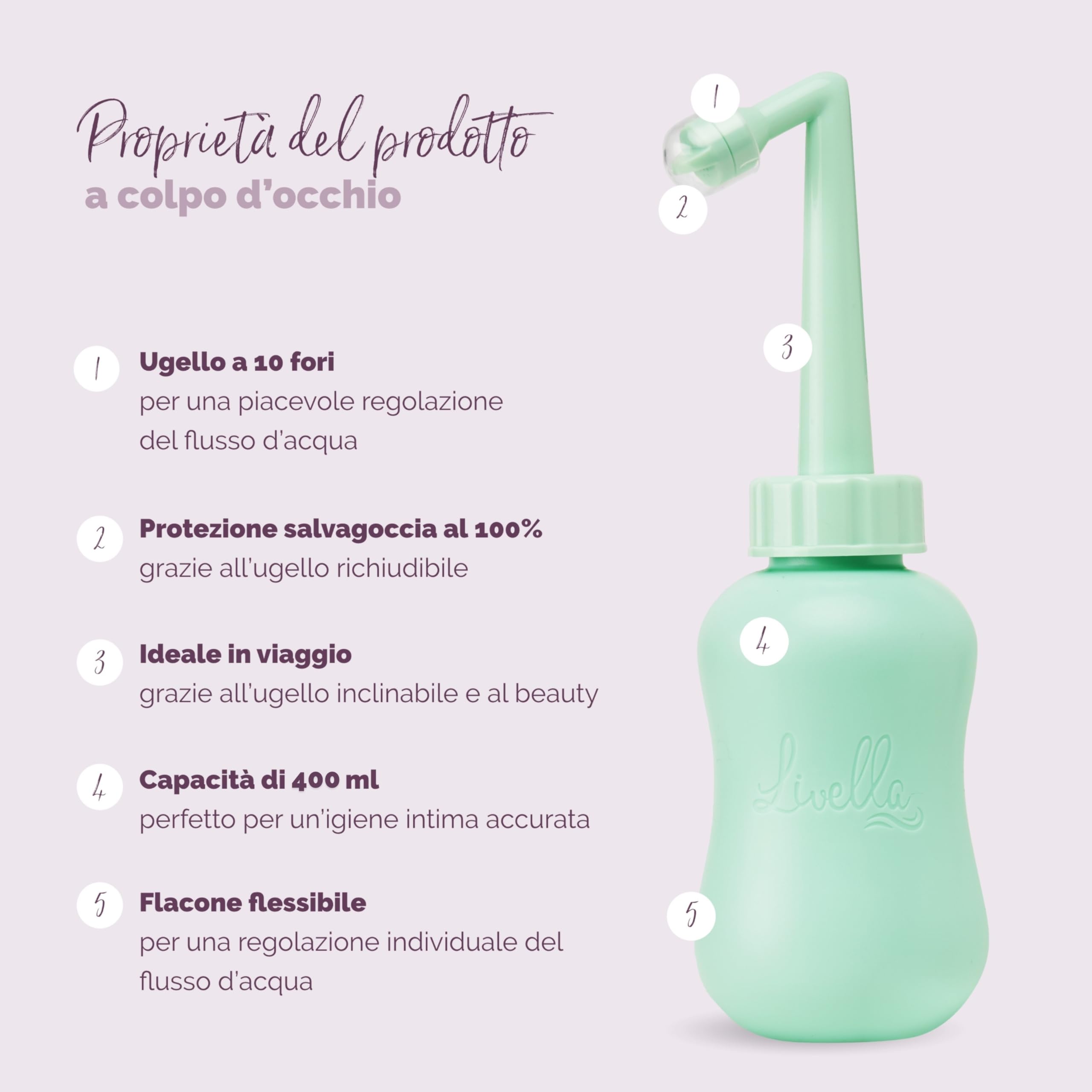 Spruzzatore portatile per bidet Livella, sviluppato in Germania, per una delicata igiene intima e un maggior comfort post-partum, bidet da viaggio ideale, doccetta per lavaggio perineale e anale