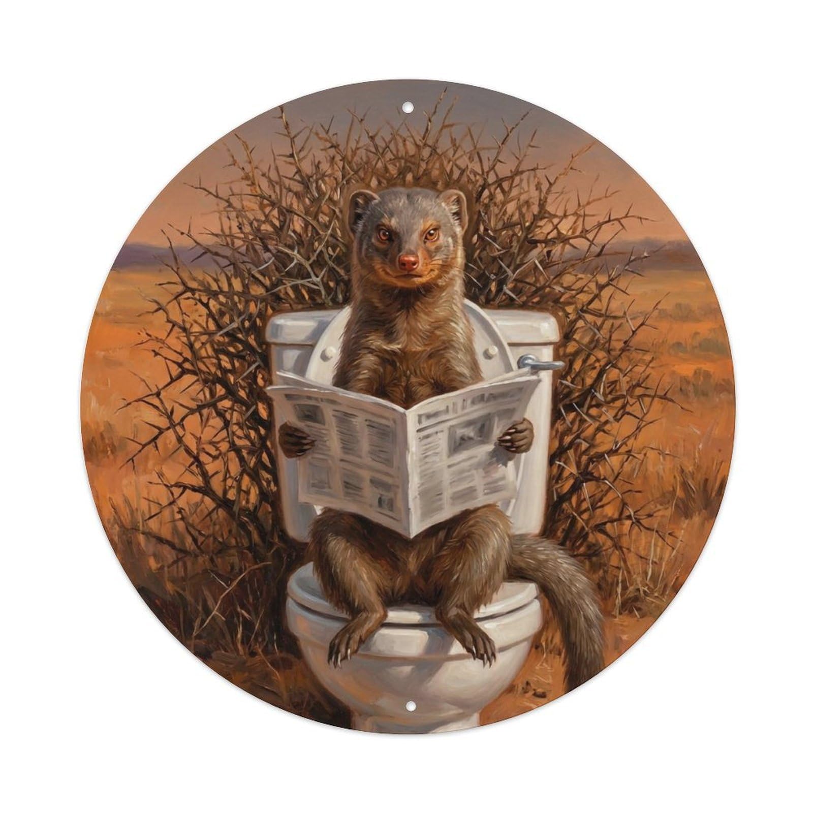 Mongoose On Toilet Humorous Bathroom Thorn Bush Dusk Metal Tin Sign