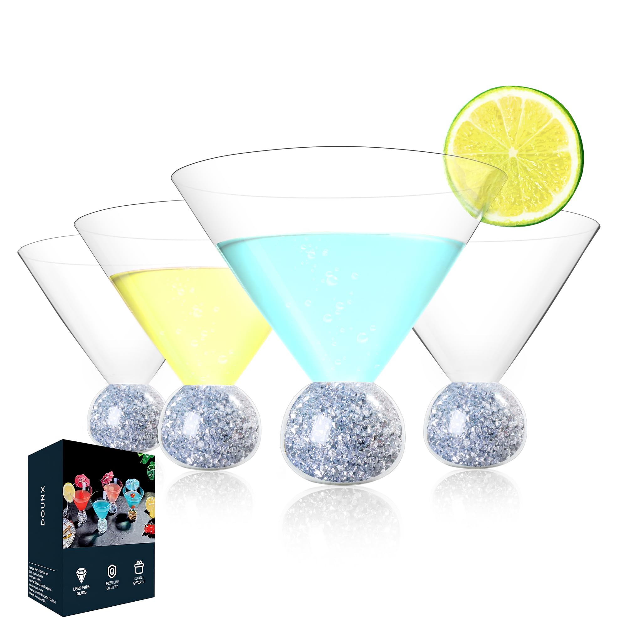 Stemless Martini Glasses Set of 4, Cocktail Glasses with Sparkle Base, Fancy Ultra-thin Margarita Glassware, Hand Blown Crystal Cup for Parties, Birthdays, Gift, Bar, Dessert (Silver, 10 oz)