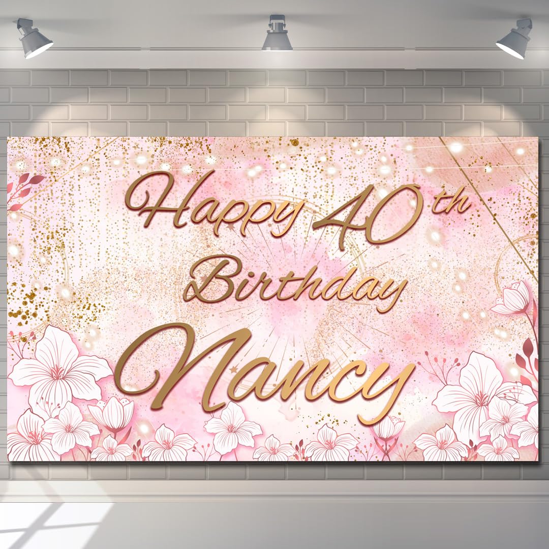 Personalised Happy Birthday Backdrop Background Banner Pink Flower Sign Poster Fabric Glitter Curtain Party Decorations girls children woman