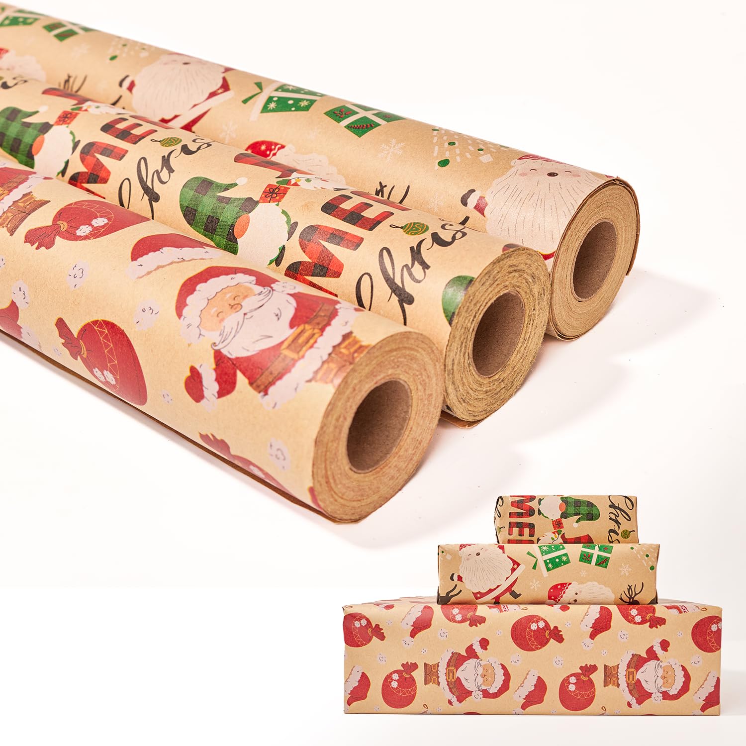 HBell Christmas Wrapping Paper Roll,3 Rolls 43cm*10m Christmas Wrapping Paper,Xmas Kraft Wrapping Paper for Xmas Party Gifts,New Year Festival Birthday Party Decorations (Brown)