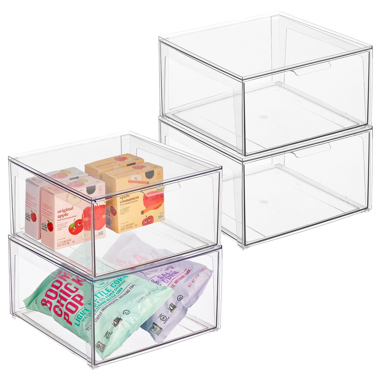 mDesign Plastic Stackable Kitchen Storage Organizer Bin Containers with Front Pull Drawer for Cabinet, Pantry, Fridge, Freezer, Shelf, Refrigerator Organization - Lumiere Collection - 4 Pack - Clear