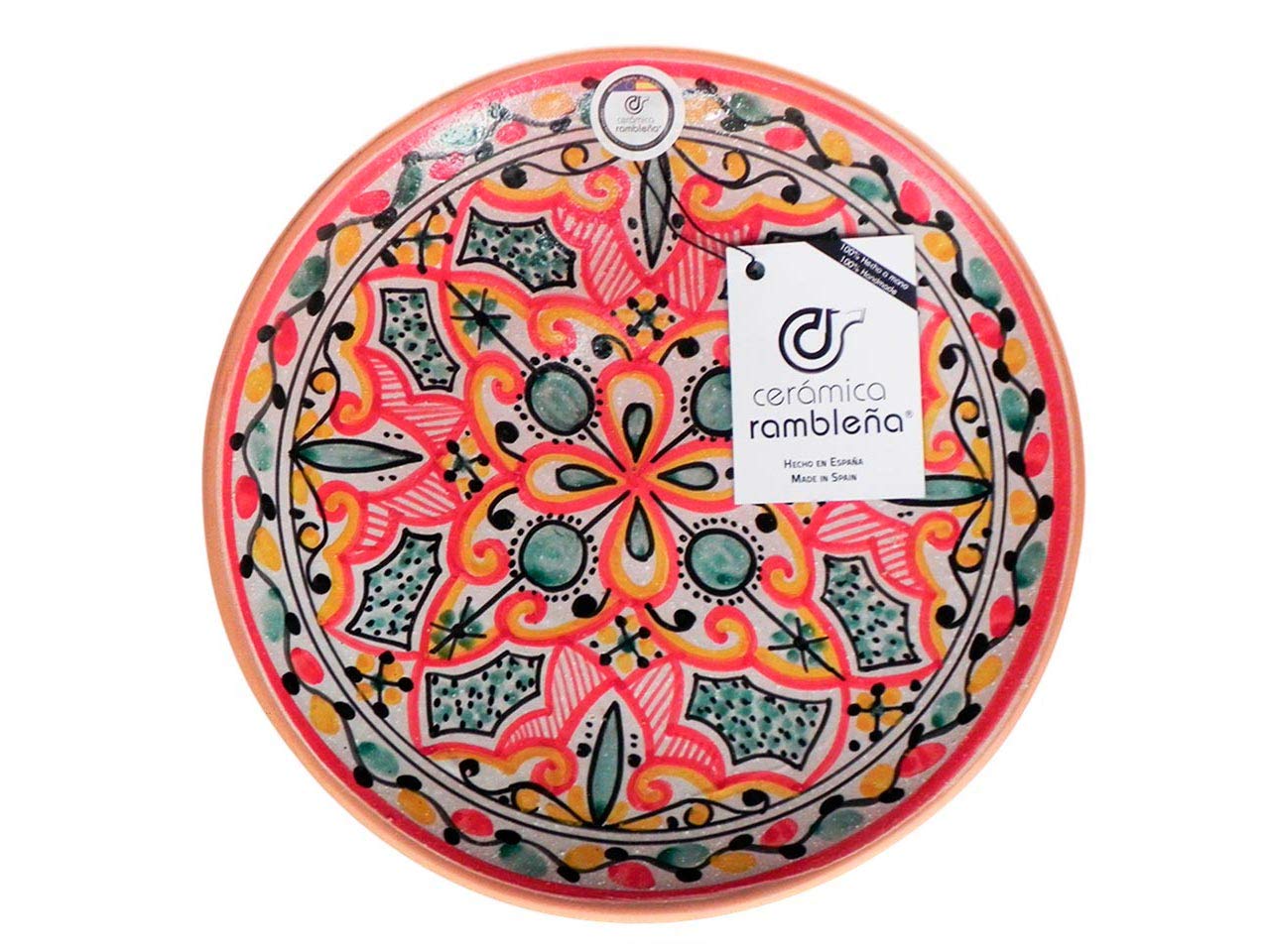CERÁMICA RAMBLEÑA | Plato Decorativo para Colgar en Pared | Plato de cerámica | Rojo-Verde-Negro | 100% Hecho a Mano | 35x35x4.5 cm
