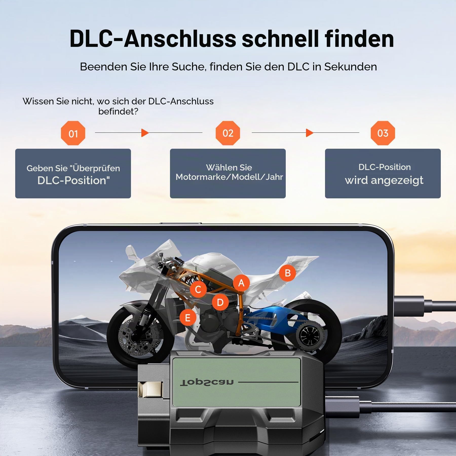 TopScan Motorrad OBD2 Diagnosegerät, Kabelloser Motorrad OBD2 Diagnosewerkzeug, Passend für Harley, Ducati, BMW, Alle Systeme Scan Tool mit Hot Reset Funktionen, Datenstrom, Grau