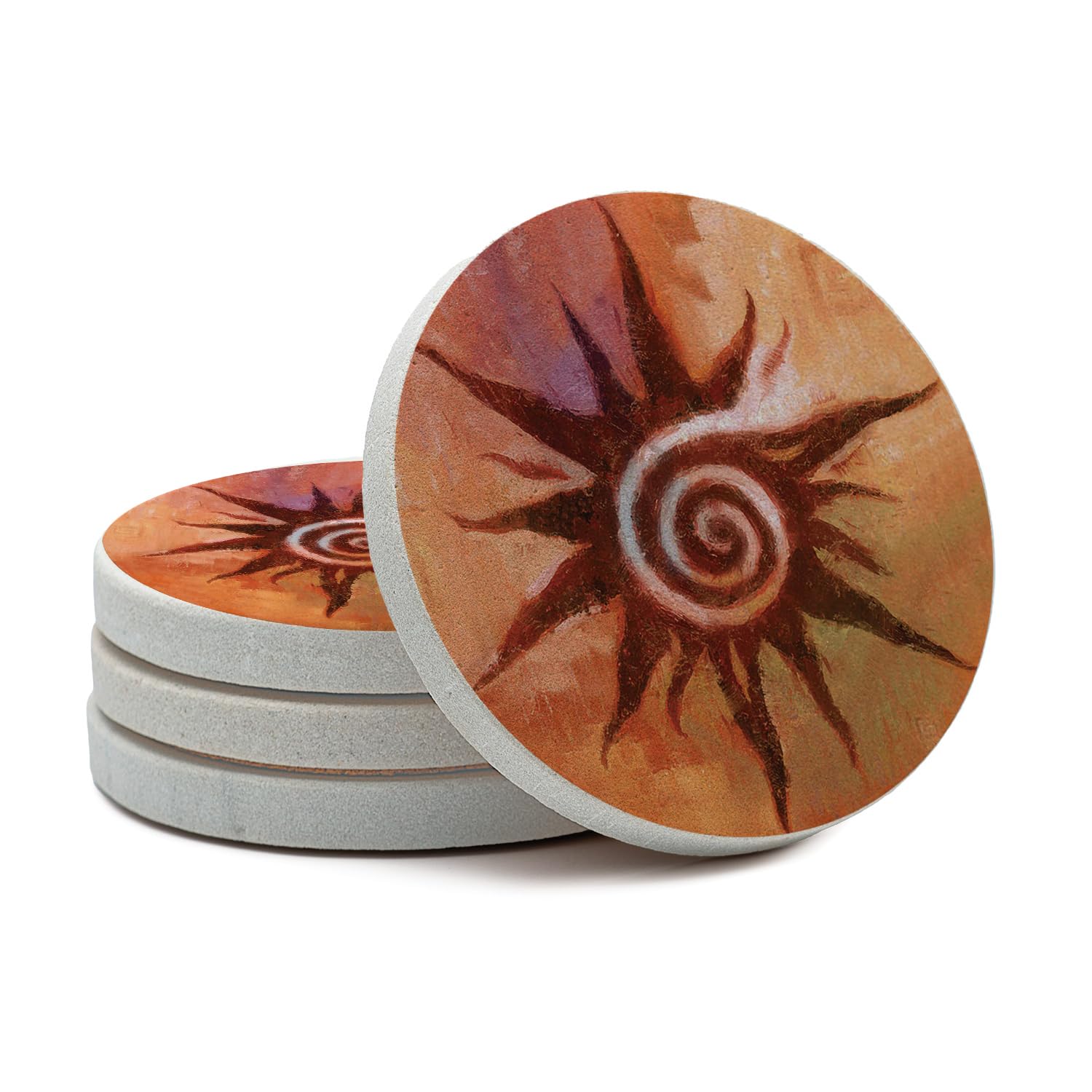 Thirstystone Spiral Sun Natural Sandstone Coaster 4 Pack Eco-Friendly, Absorbent, Easily Wipes Clean