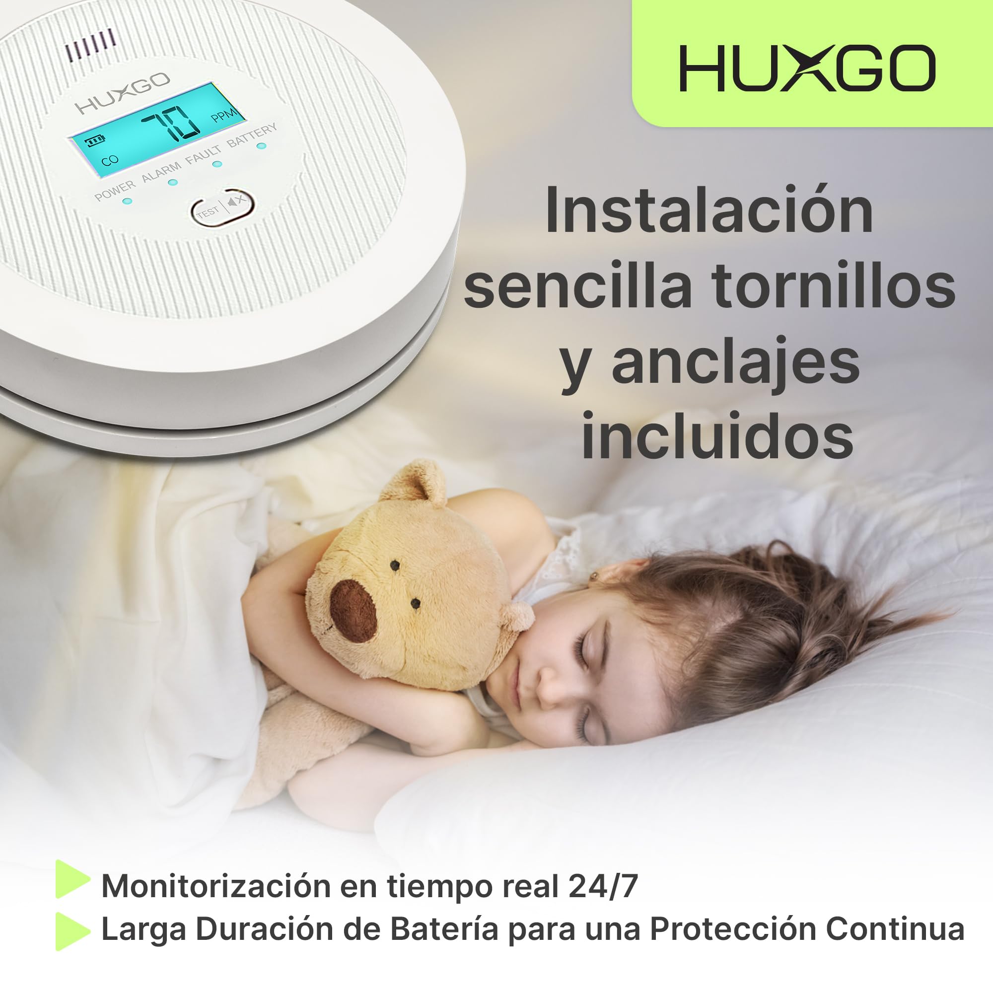 Detector Monoxido de Carbono HXAC01 | Sensor CO de Alta Precisión, Pantalla LCD Retroiluminada | Alarma de CO a Pilas para el Hogar