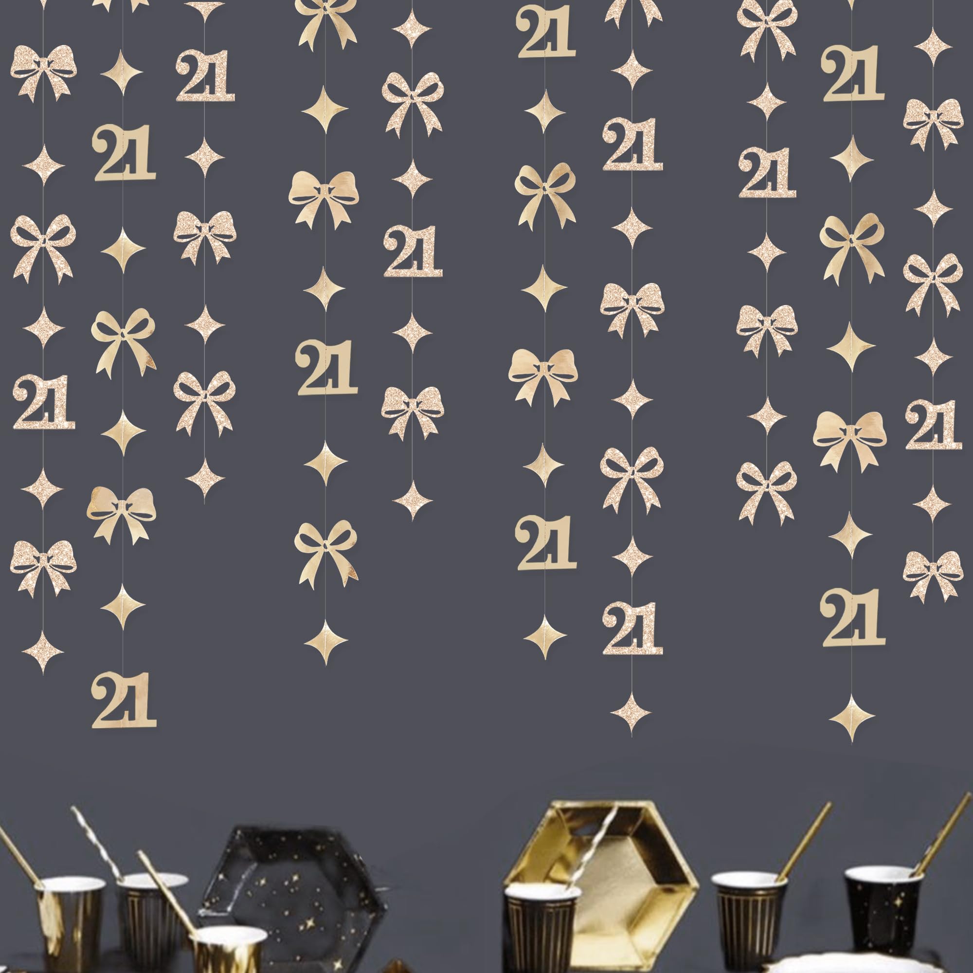 Glitter Champagne 21st Bow Birthday Decorations Champagne Conquette Bow Garland Streamer Banner Backdrop for Girls Happy 21st Birthday Finally Legal Cheers to 21 Years Old Anniversary Party Supplies