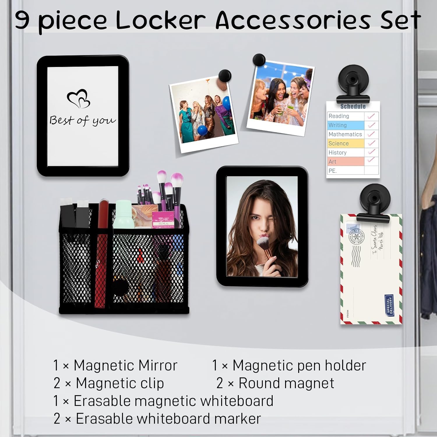 Ensemble d'accessoires de casier magnétique, noir, caddie, organiseurs de fournitures de bureau, essentiels pour la rentrée scolaire, organiseurs de casier de travail