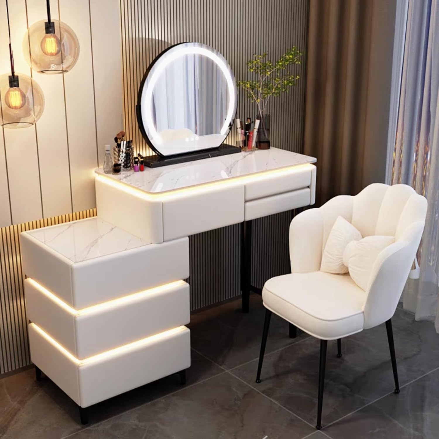 LEDライト付きメイクアップテーブル 関本家具装芸 美容室サロンセット面女優ミラープロ仕様 ホワイト LED