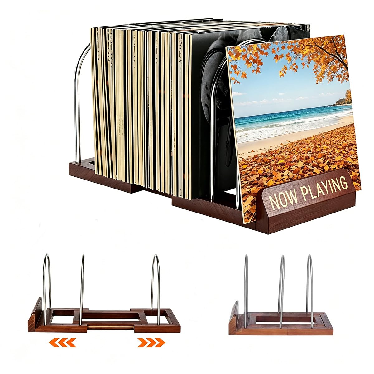 Hu7ken Expandable Vinyl Record Storage Stand, vinyl holder, vinyl storage, Holds 30-70 LPs, Now Playing Display Rack for Record, Wood & Metal Holder for Home Decor & Music Lovers, vinyl record rack