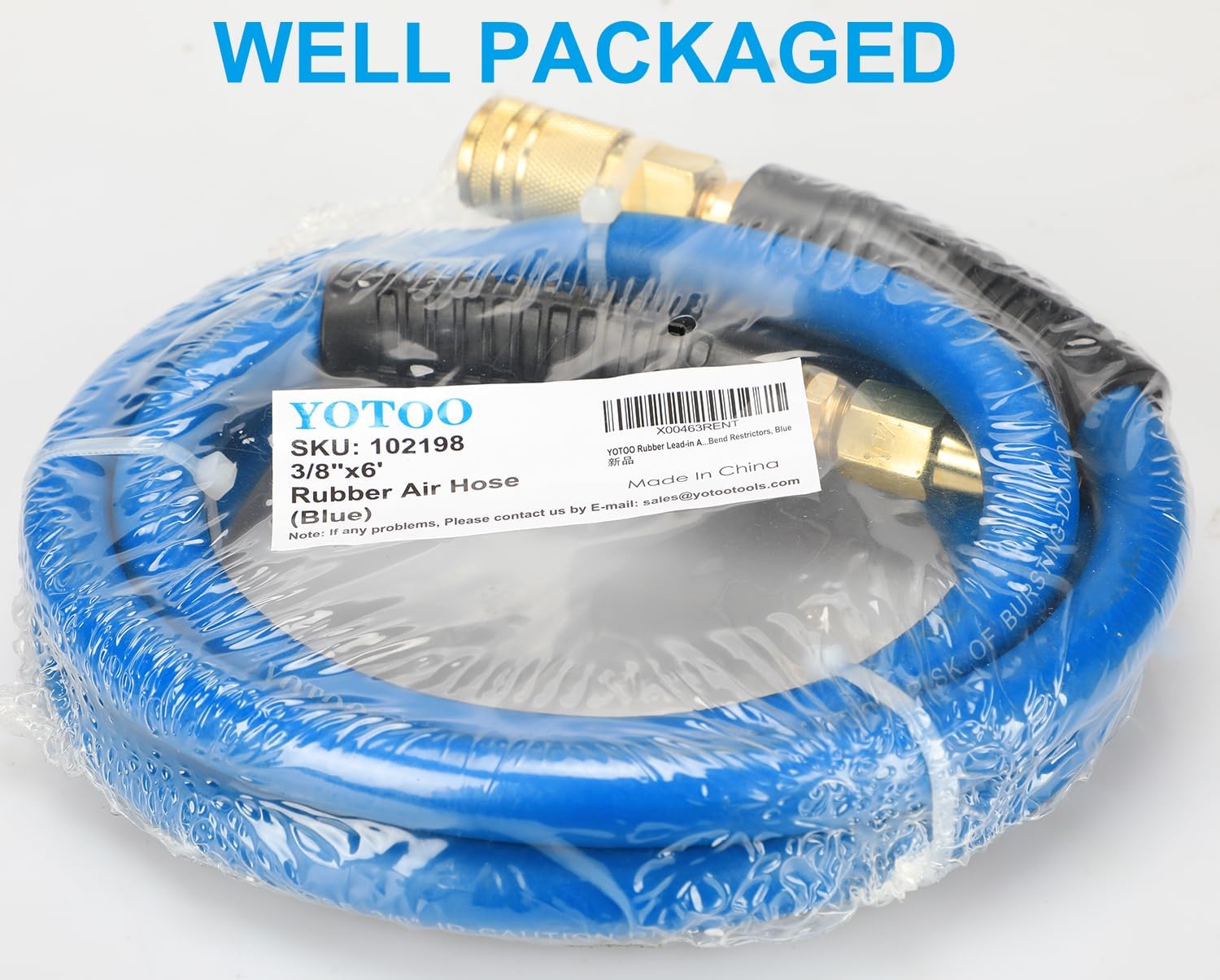YOTOO Rubber Lead-in Air Hose 3/8-Inch by 6-Feet 300 PSI Heavy Duty, Kink Resistant, All-Weather Flexibility with 1/4-Inch Brass Male Fittings, Bend Restrictors, Blue