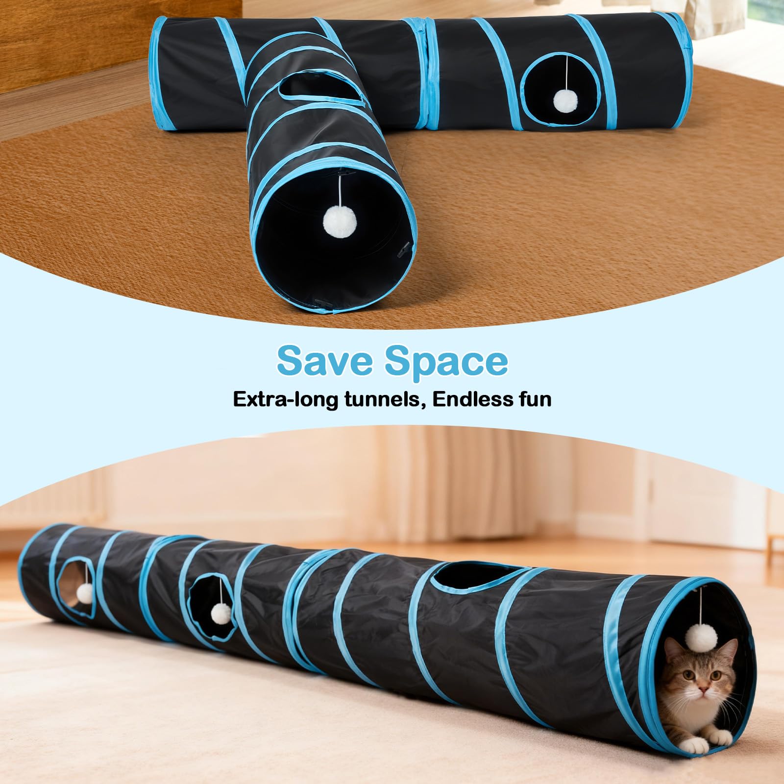 Tunnel pour chat - 3 tunnels droits pour animaux de compagnie - 6 formes à faire soi-même avec baguette - Résistant aux rayures - Tubes pliables pour chiots d'intérieur - Chaton - Lapin - Noir - 208,3