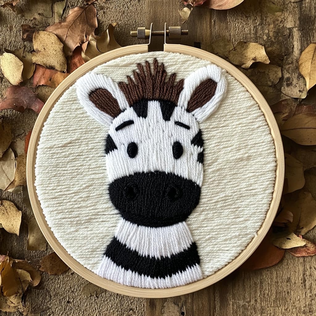 Punch Needle Kits Cute Zebra Easy for Beginners DIY Punch Needle Yarn Starter Embroidery Set for Craft Lovers with Printed Pattern and Hoop for Home Decor 20x20cm(1)