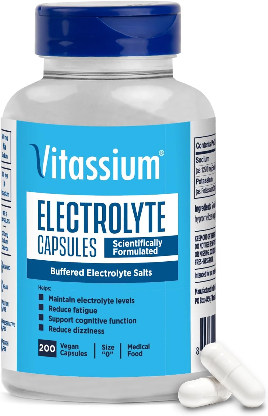 Electrolyte Capsules, Electrolytes for The Management of POTS and High Sodium Diets (500mg Sodium - 100mg Potassium), Unflavored, 200 Salt Pills (Size 0)