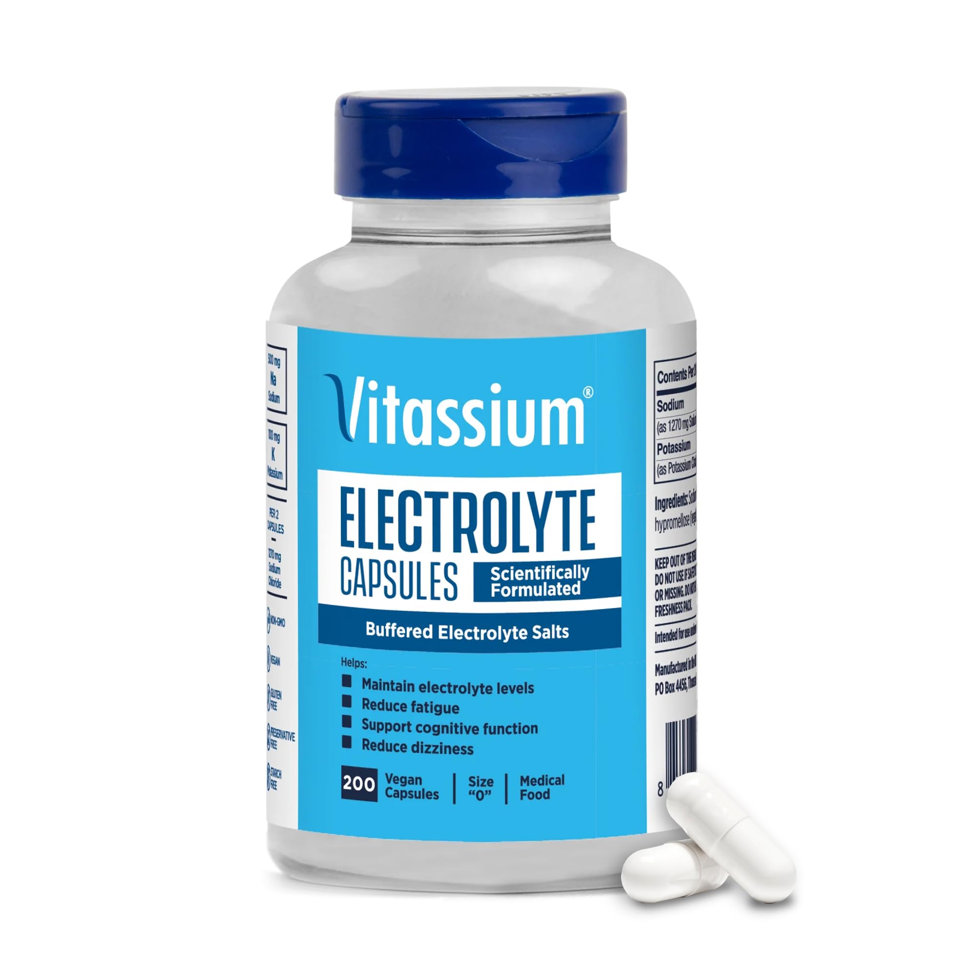Vitassium Electrolyte Capsules, Electrolytes for The Management of POTS and High Sodium Diets (500mg Sodium - 100mg Potassium), Unflavored, 200 Salt Pills (Size 0)