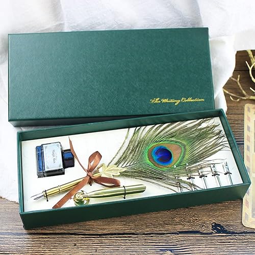 Juego de tinta de plumas de pavo real, bolígrafo de caligrafía de plumas de escritura vintage con soporte para bolígrafo, 5 piezas de punta de metal