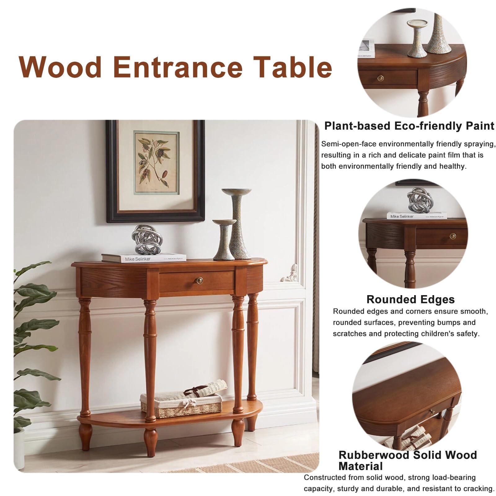 Consolle a mezzaluna, consolle in legno massello per ingresso, tavolino semicircolare con cassetto portaoggetti, ideale per soggiorno, corridoio e ingresso (marrone, 120x30 cm/47,2x11,8 pollici)