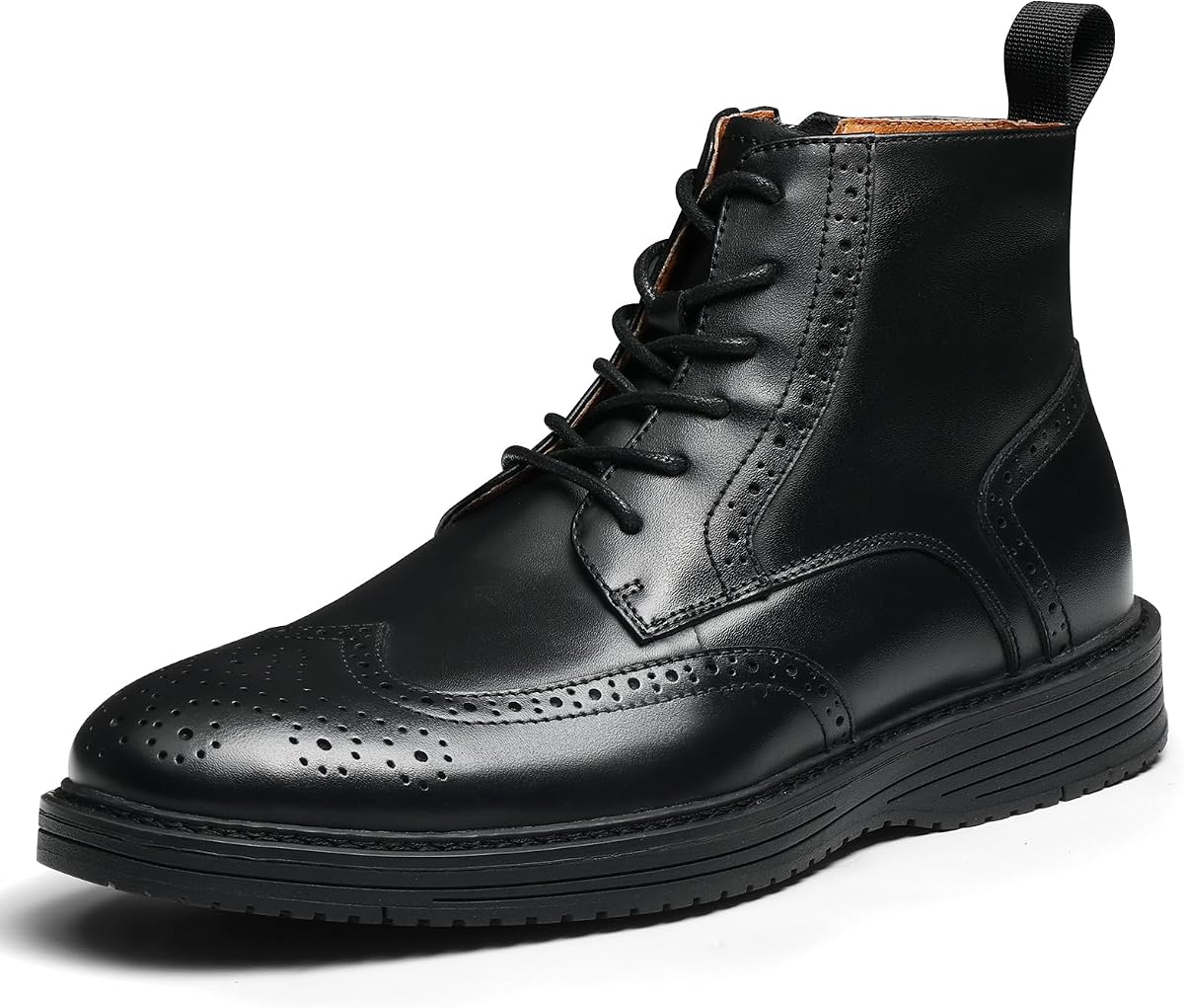 Mens Dress Boots, Genuine Leather Brogue Wingtip Mens Casual Oxford Boots with Side Zipper, Comfortable Formal Lace Up Chukka Ankle Boot for Men