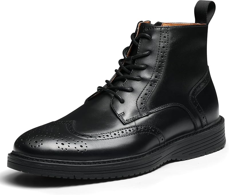 Mens Dress Boots, Genuine Leather Brogue Wingtip Mens Casual Oxford Boots with Side Zipper, Comfortable Formal Lace Up Chukka Ankle Boot for Men