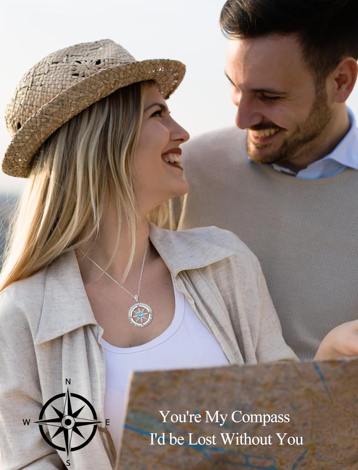 FAFY Christmas Gifts for Wife Compass Birthstone Necklace Birthday Present Ideas Anniversary Jewelry 925 Sterling Silver Compass Necklace I'd Be Lost Without You Wife Gifts from Husband - Image 2
