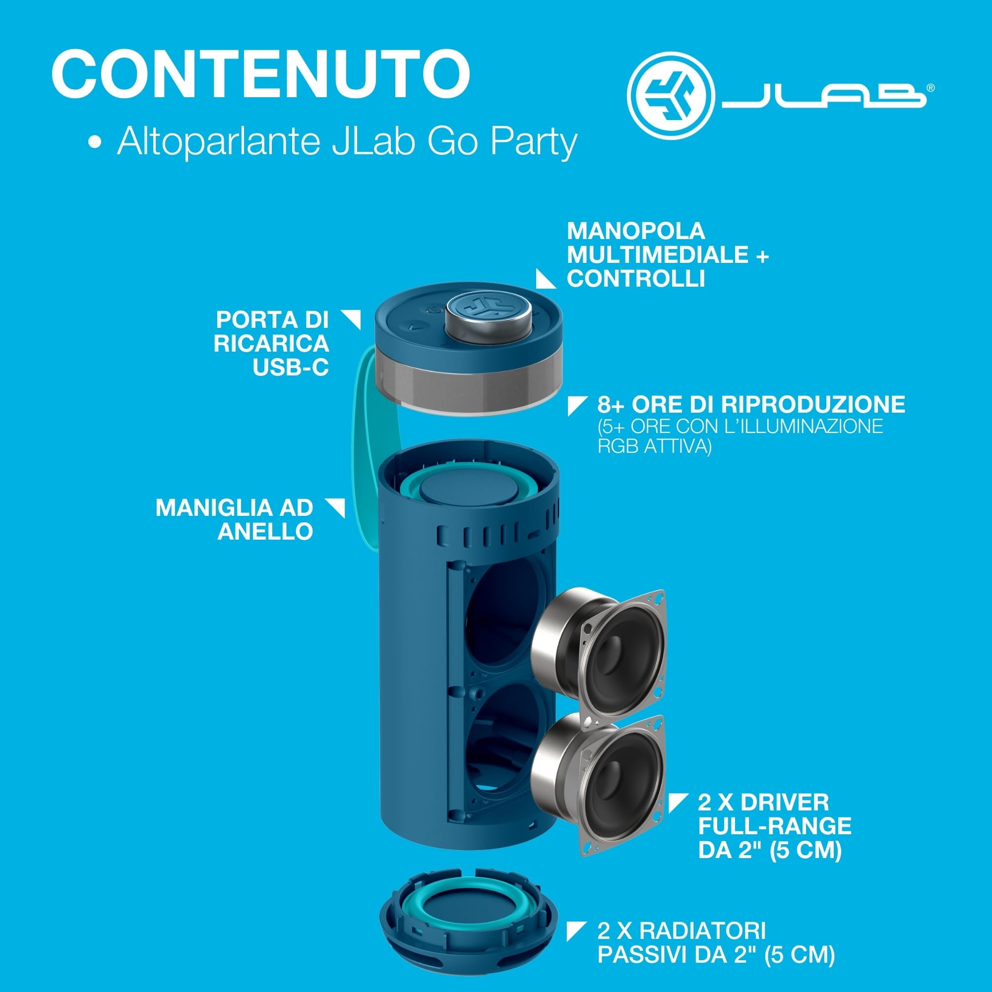 JLab Go Party Cassa Bluetooth Portatile con 16+ ore di riproduzione - Altoparlante Wireless da 10W per Esterni e Viaggi con Luci RGB e Audio Potente, Resistente all'Acqua IP56, Blu Navy