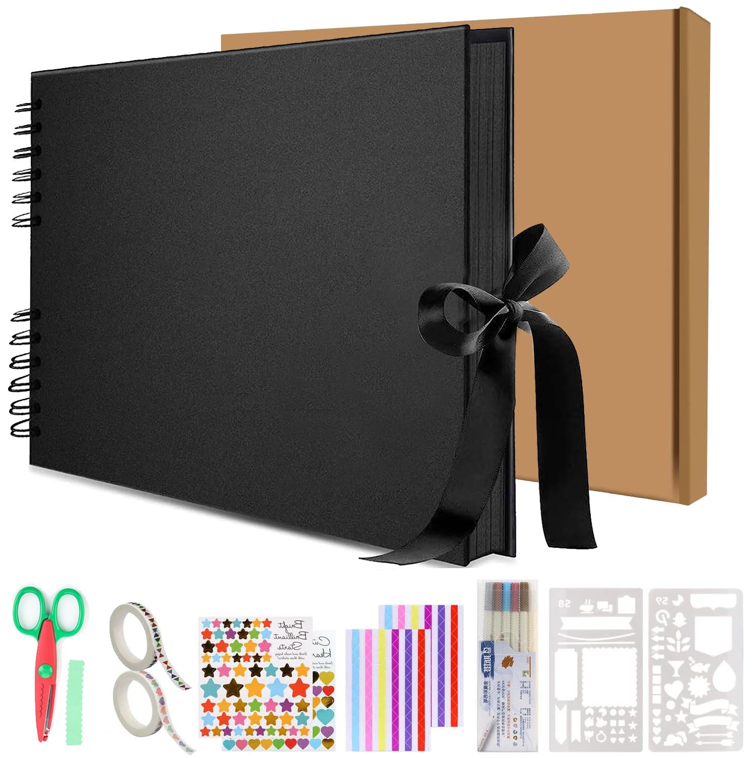 IS MUHEScrapbook Photo Album with Black Page,Black Color Cover (40 Sheets, 80 pages) With 6 Pcs Markers Stickers，Pattern ruler, film, and scissors 11.4x8.5 Inch(29 * 21.5cm）