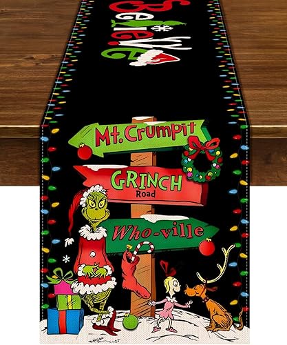 Camino de mesa Grinchmas Feliz Navidad, vacaciones de invierno, fiesta temática, cocina, comedor, decoración del hogar (negro, 13 x 90 pulgadas)