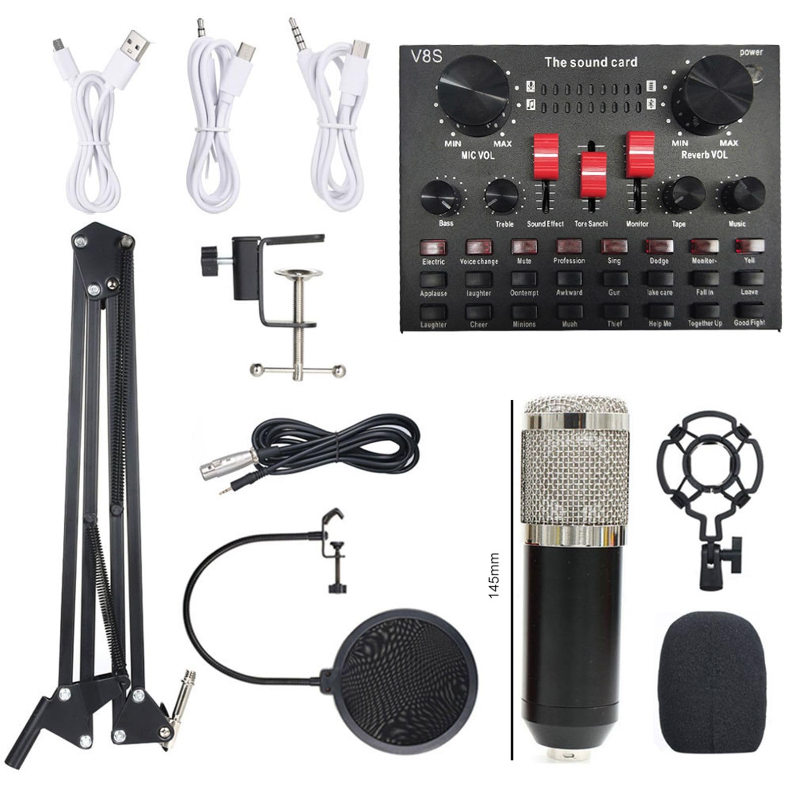 HUIOP Scheda Audio dal Vivo Multifunzionale BM800 Set di microfoni Apparecchiature di Registrazione Audio (Nero e Argento),Sound Card Microphone Set