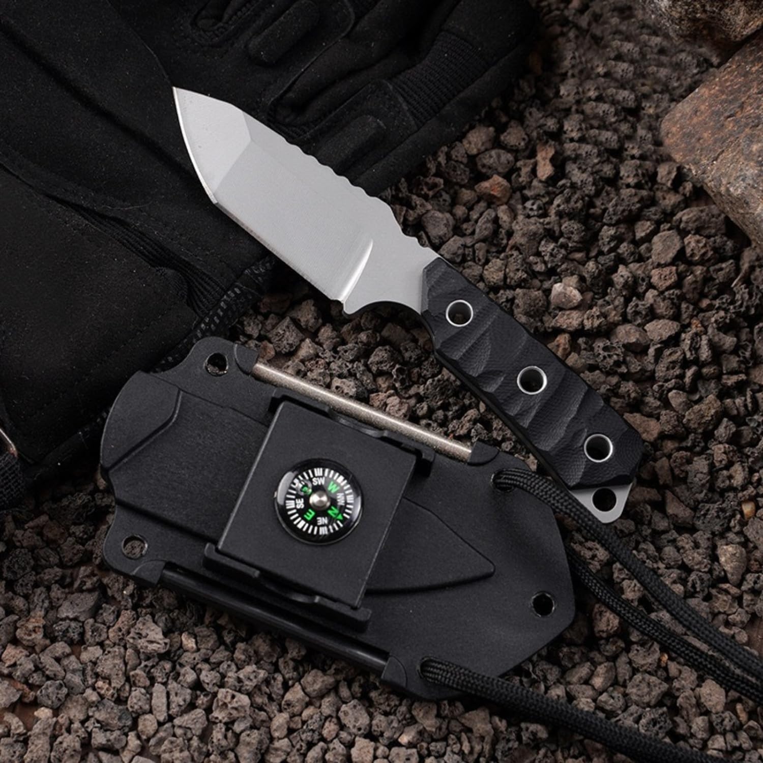 Small Fixed Blade Hunting Knife with Sheath,Survival Hunting Knife With Fire Starter,Compass,Mirror,2.36