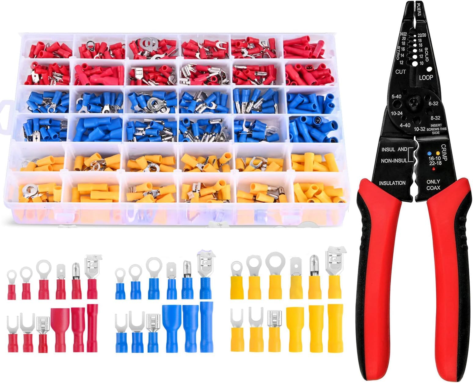 Oonkaf Professional 8.3-inch Wire Stripper/wire crimping tool, with 540PCS Electrical Wire Connectors Insulated Wire Crimp Terminals, Mixed Butt Bullet Spade Fork Ring Crimp Terminals Connectors