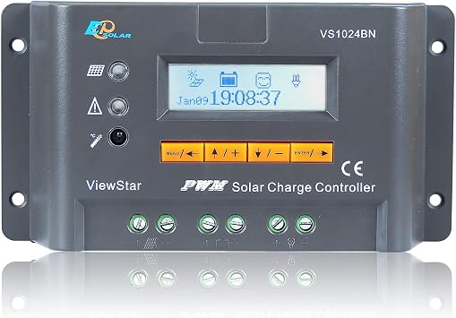 EPsolar Solar Charge Controller 10A 12V 24V Auto Work PWM Solar Panel Controller ViewStar VS1024BN with LCD Display Common Negative Grounding for Sealed, Gel, Flooded, and User Type VS1024BN