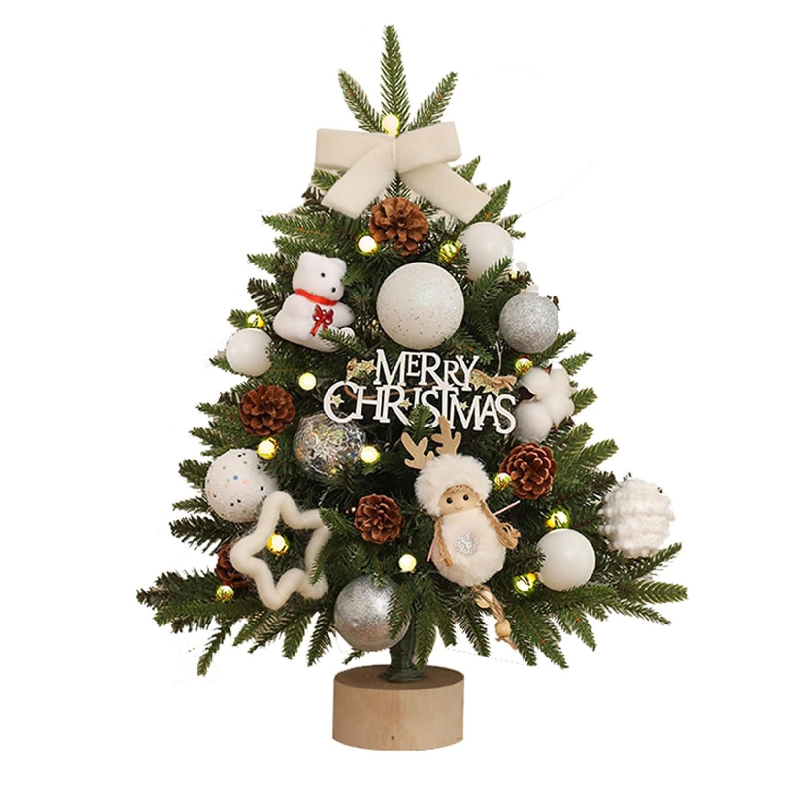 Mini choinka 45 cm / 60 cm ze światłami, wykwintna choinka stołowa na biurko, dekoracja biura do wnętrz DIY sztuczne rośliny (biały, 60 cm)