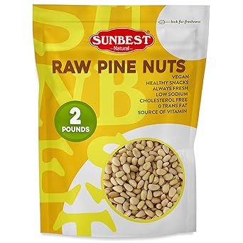 Sunbest Natural Raw Pine Nuts, 2lbs Unsalted & Unroasted Shelled Pignoli Nuts For Pesto, Baking, Salads & Cooking Non-GMO, Vegan, Healthy Snack