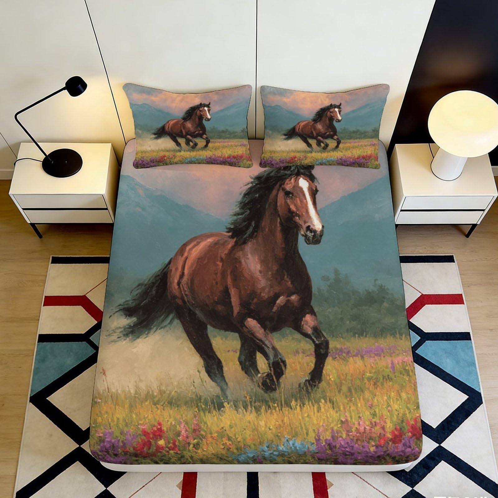 3D Printed Running Horse Fitted Sheet Microfiber Soft Non-Slip Wild Grassland Mattress Cover for Bedroom Decor 90x200x25cm
