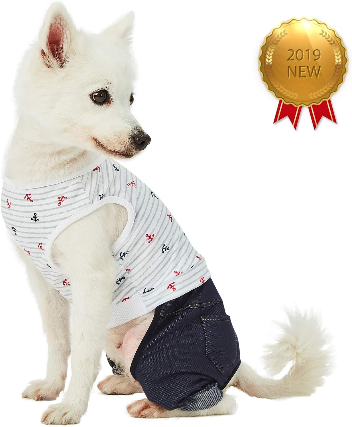 Blueberry Pet Summer Vacation Beach Cotton 4 Legged Onesie Dog Shirt with Denim Colored Pants, Sea Lover Nautical Striped Jumpsuit, Back Length 16", for Medium Large Dogs