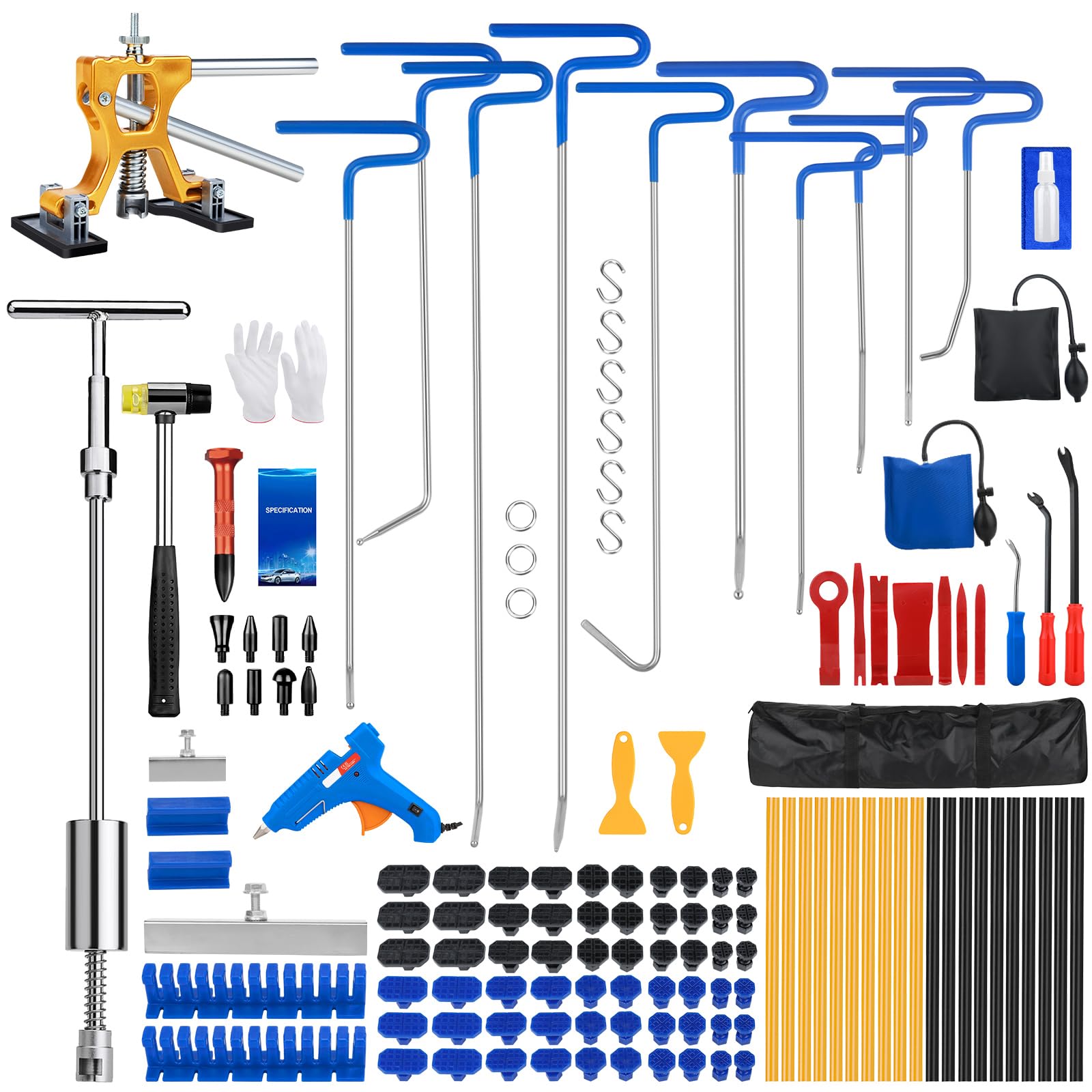 139Pcs Paintless Dent Repair Kit, 10Pcs Dent Puller Rods Kit with 2-In-1 Slide Hammer for Powerfully Repair 98% Size of Car Dents, Dent Remover Rods for Repair Hail Damage Body Dent, Creases Repair