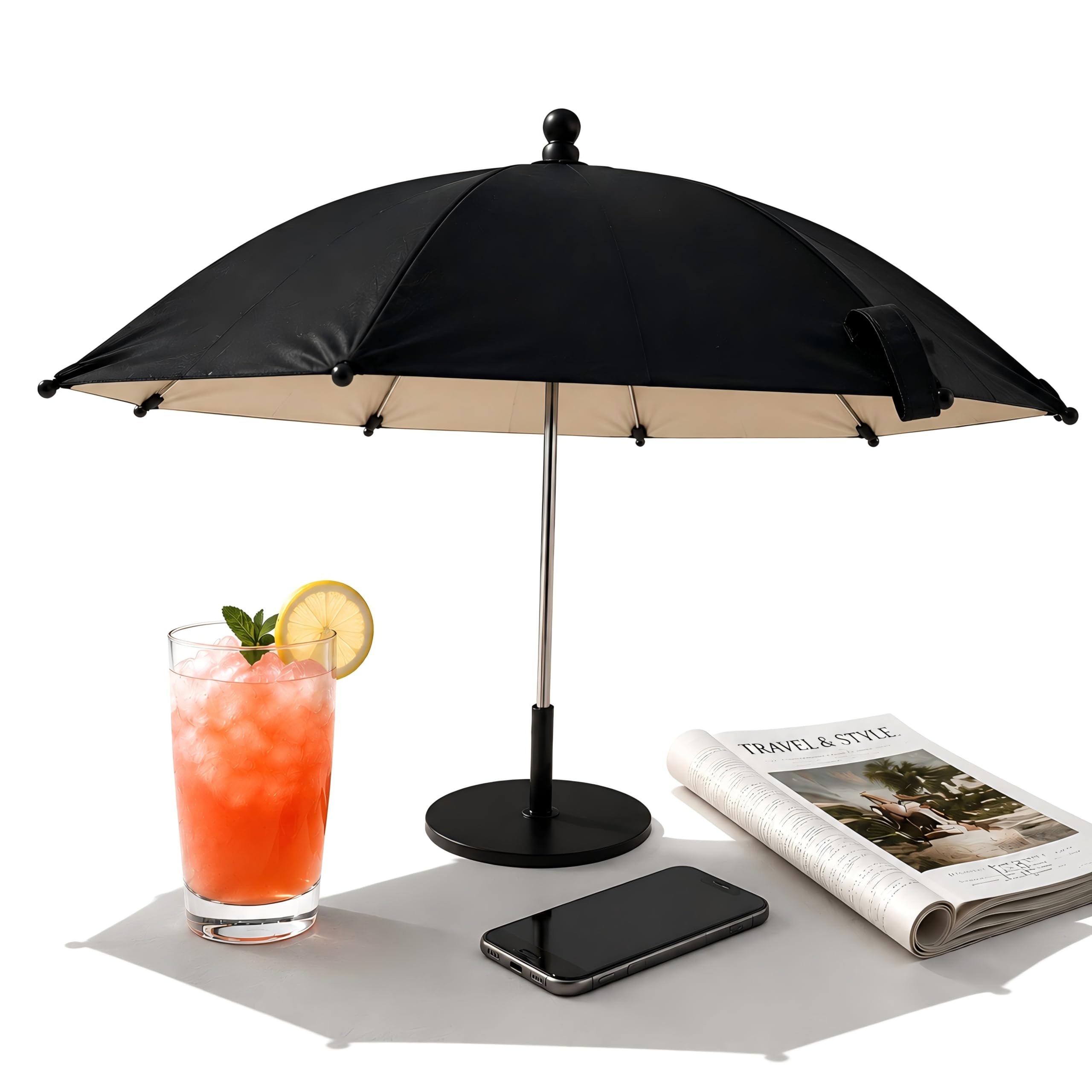 Noraling Mini Sun Shade Umbrella with Windproof Base – Protects Drinks, Phones, and Devices from Sun, Wind, Debris and Light Rain – for Pool,Tabletop, Camping, Patio, Outdoor Work