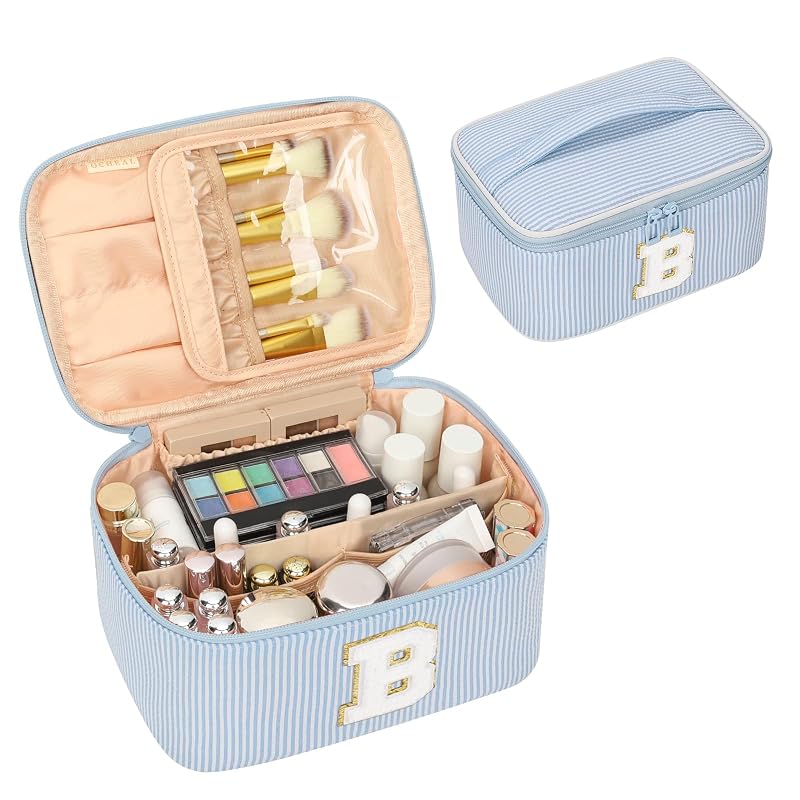Necessaire de maquiagem OCHEAL azul com monograma, compartimentos e espaço para pincéis