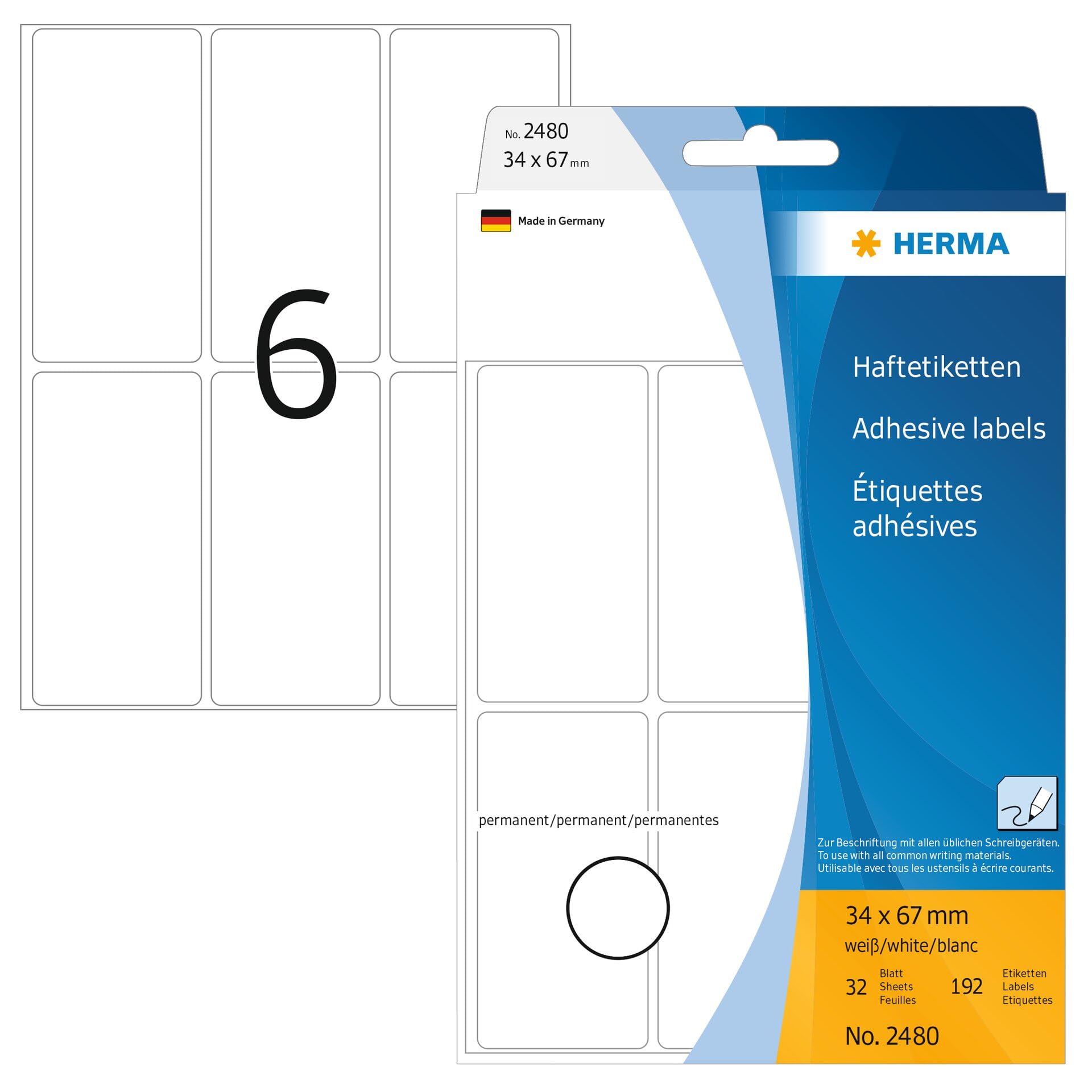 HERMA Multi Purpose Labels, 6 Labels per Sheet, 32 Sheets, 34 x 67 mm, 192 Labels, Self Adhesive Large Labels Stickers, Blank Sticky Labels for Office Kitchen Home, White