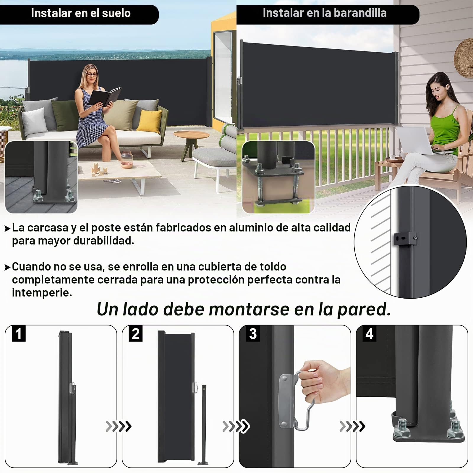 NAIZY Toldo Lateral retráctil 100x300 cm Protección de privacidad retráctil 100% poliéster Toldo UV con asa para balcón, terraza y jardín - Antracita